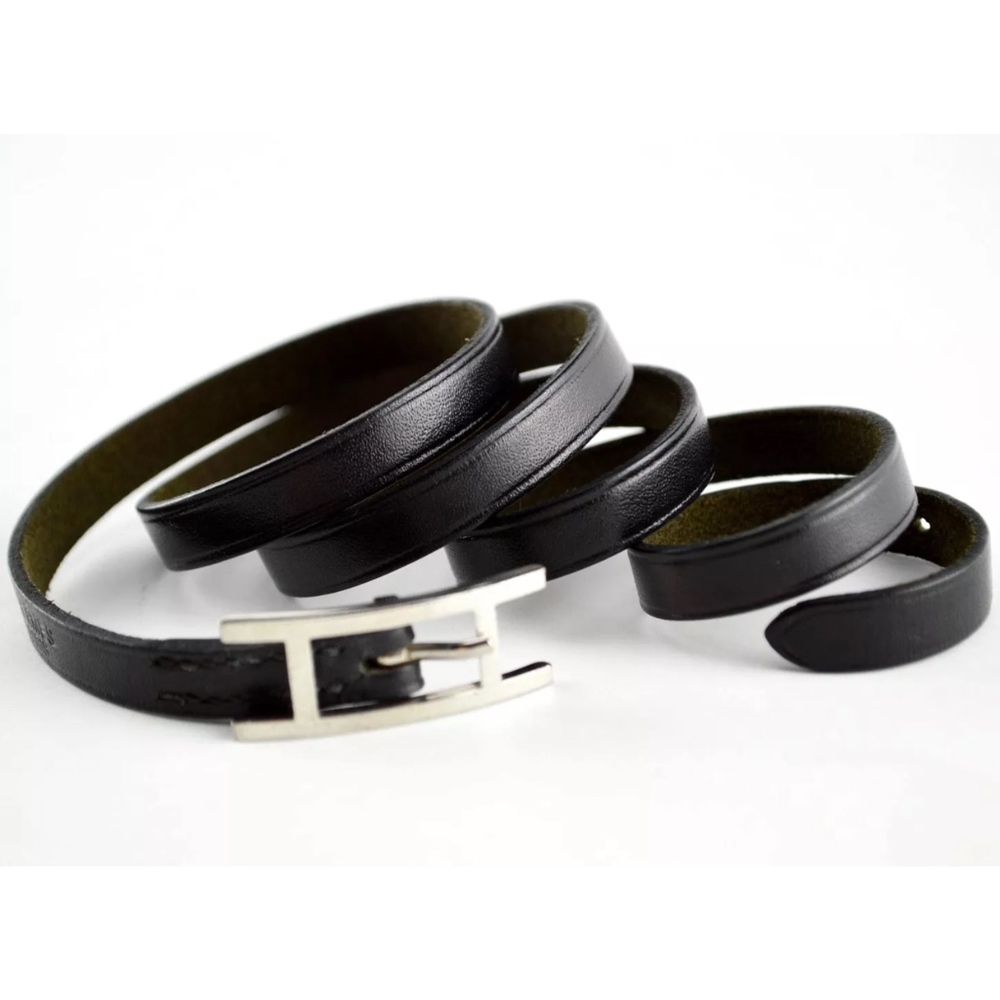 AUTH HERMES HAPI BLK LEATHER WRAP BANGLE BRACELET - Picture 5 of 8